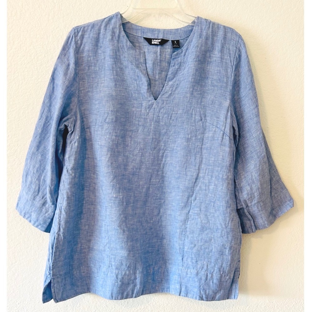 Lands End Lagenlook Coastal 100% Linen Split V-Neck Tunic Top 3/4 Sleeve SZ S